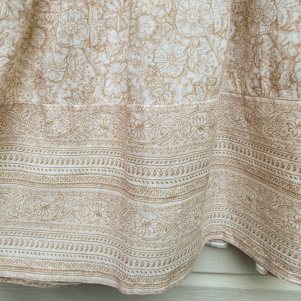 Magaschoni Linen Dress M Beige Floral Boho Prairie Smocked Tassel Midi Romantic - Picture 6 of 7